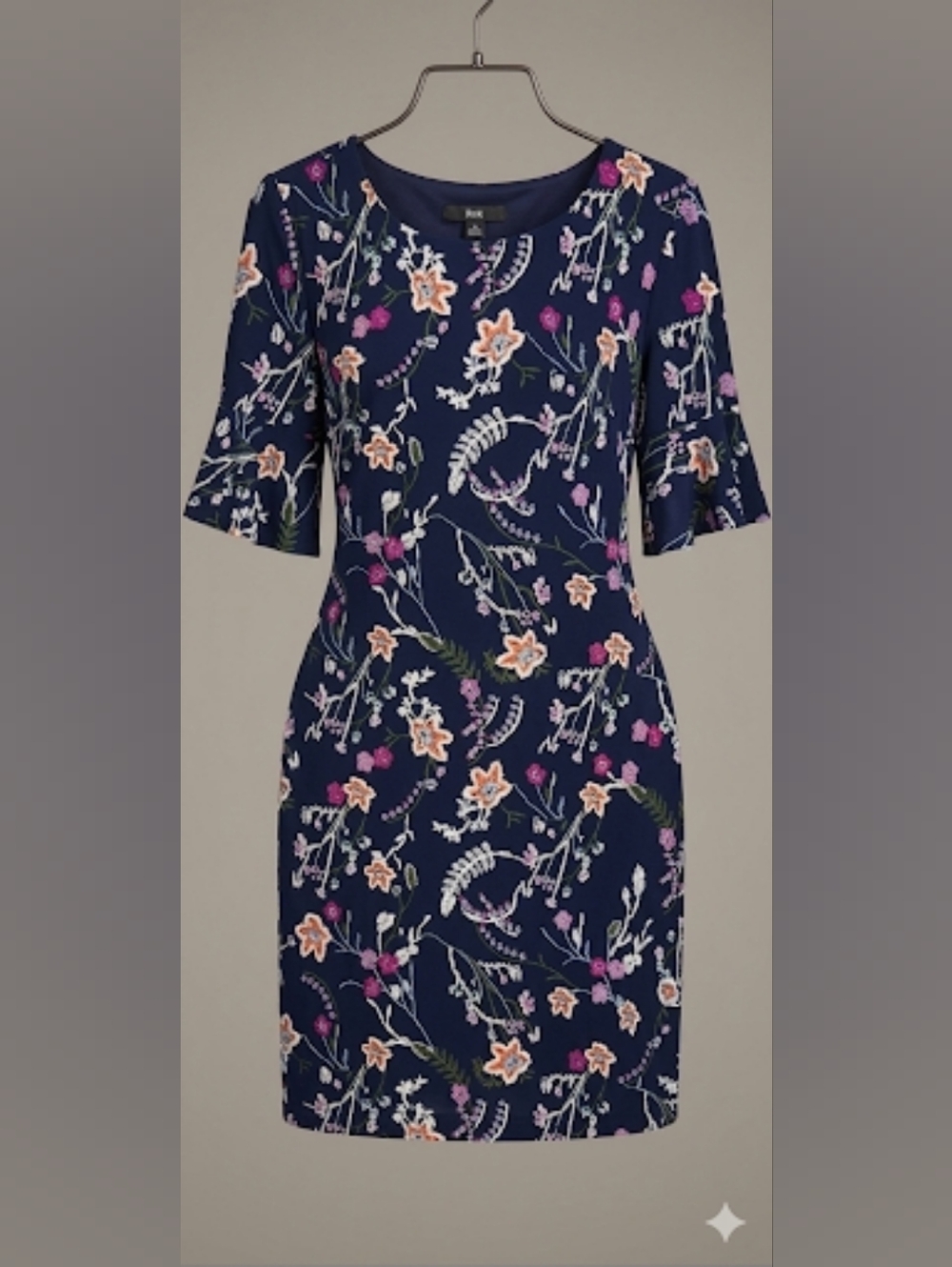 R&K Navy Floral Midi Dress with Pink and Cream Embroidery